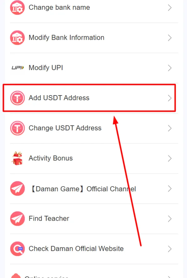 Scroll and open the “Add USDT Address” option